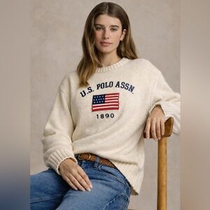 US Polo Assn American Flag Sweater  USA Knit Oversized Medium Cream White